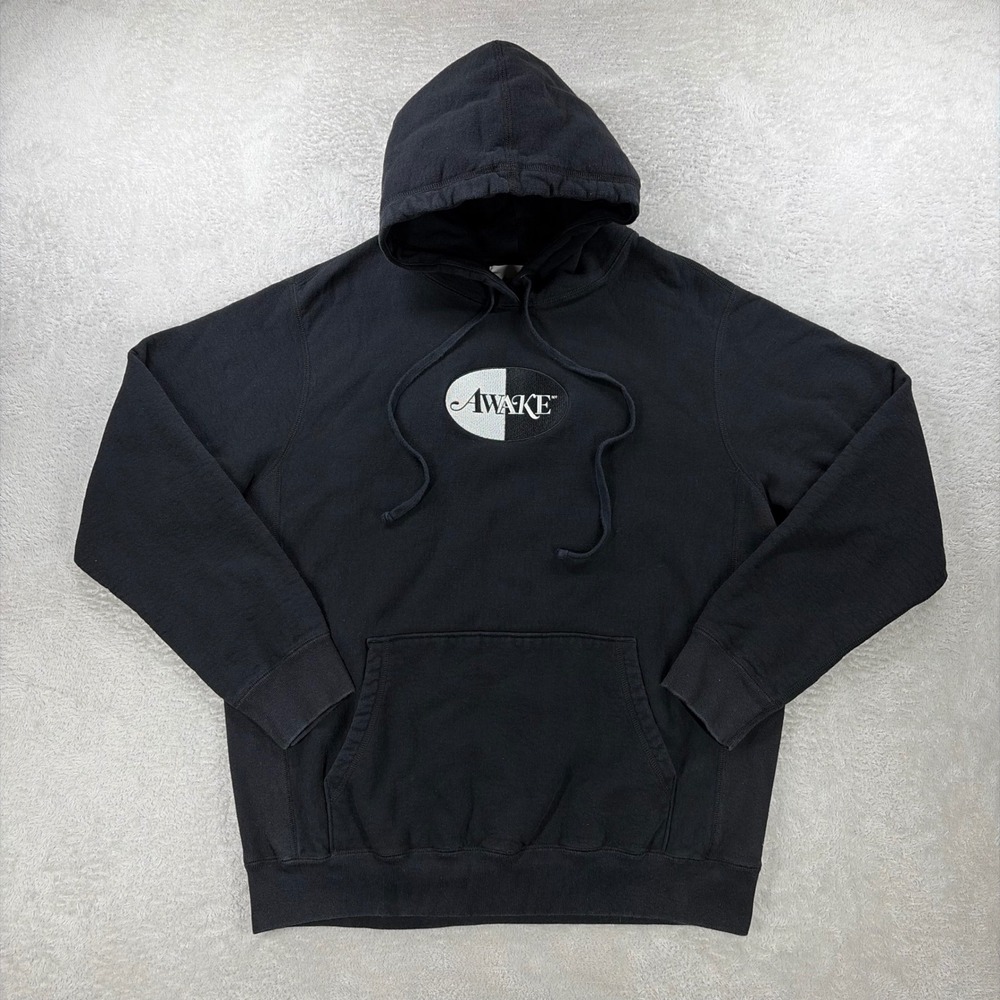 Awake NY Hoodie Mens Large Black Split Logo Patch Pullover Cotton Streetwear
